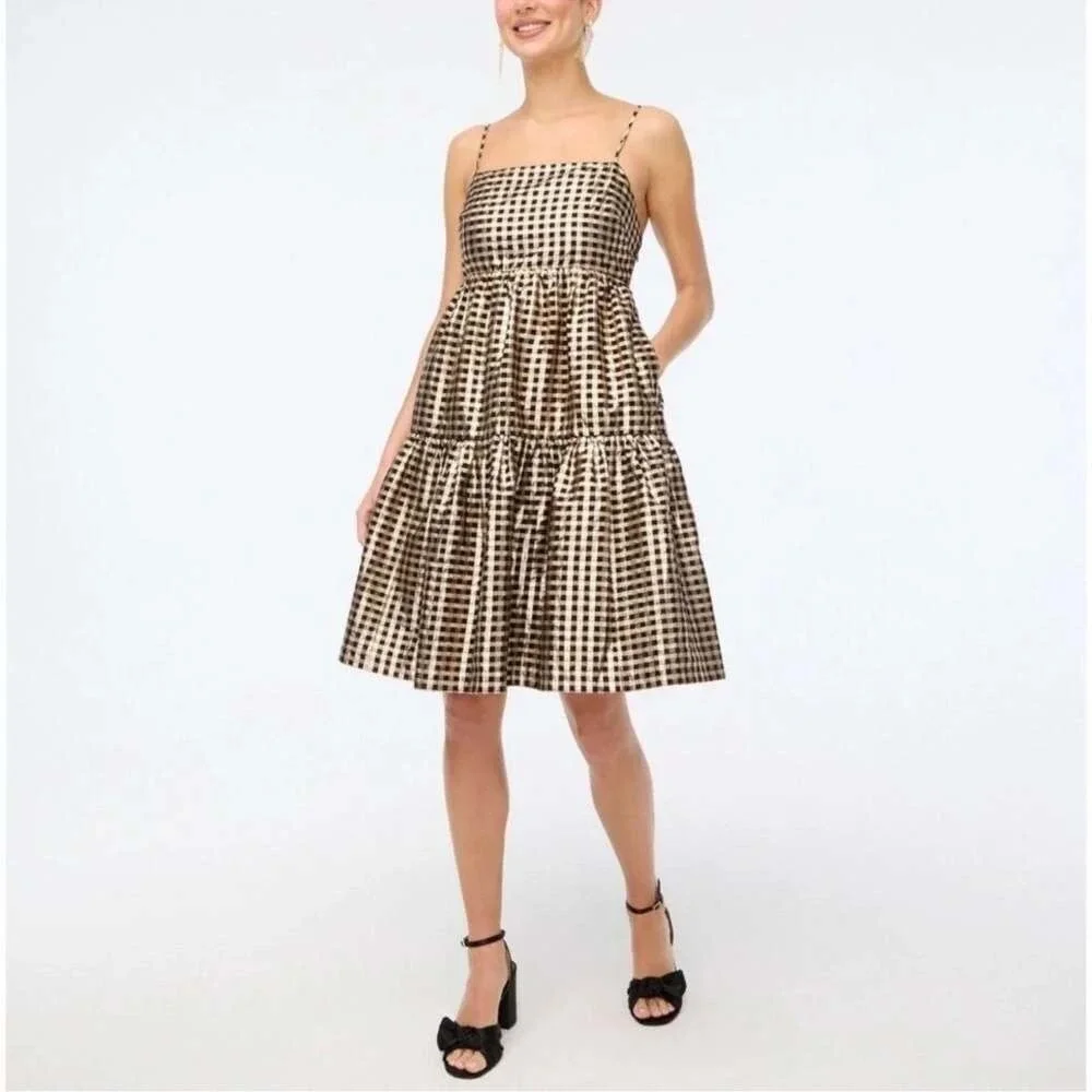 J.Crew Lurex Black & Gold Metallic Gingham Tiered Mini Dress BM072‎ Size 6 NEW